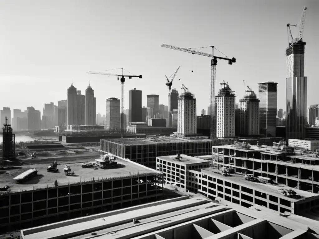 Imagen vintage en blanco y negro de rascacielos en construcción, reflejando la escala y detalle del proceso