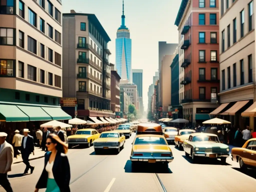 Imagen vintage de una bulliciosa calle urbana, con microviviendas en el centro, reflejando la evolución del estilo de vida compacto en la ciudad