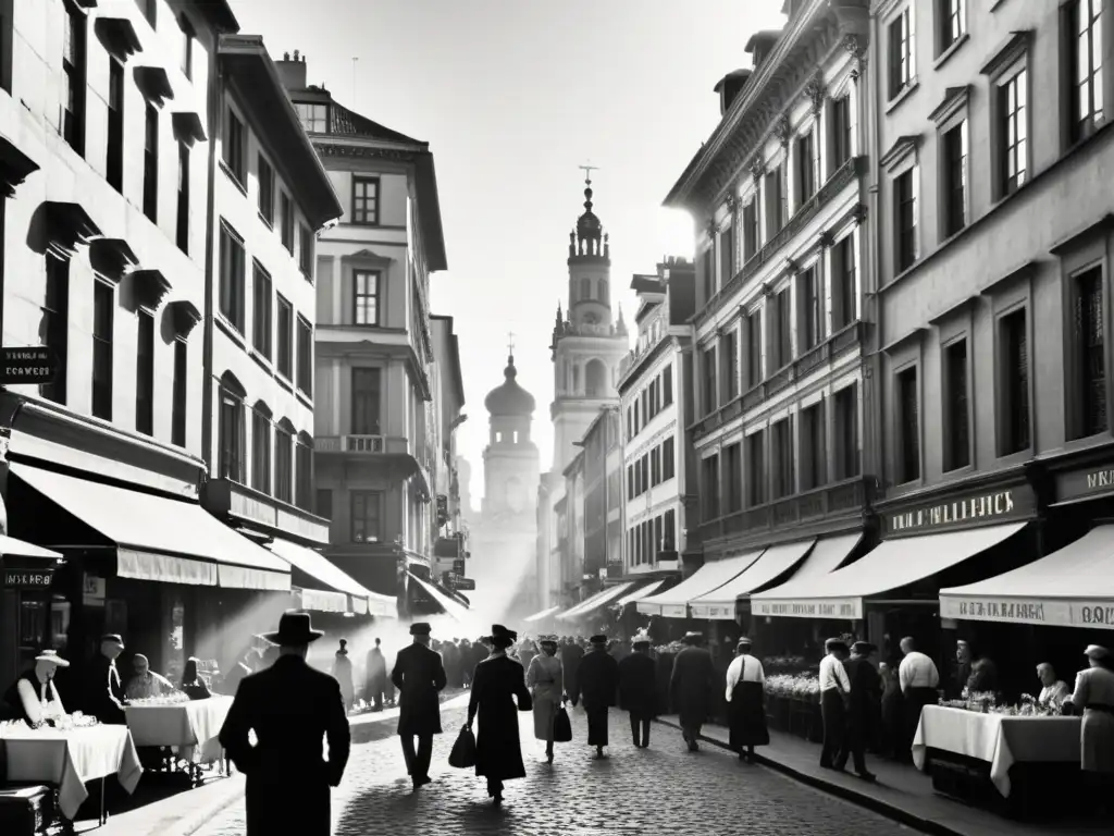 Imagen vintage de una bulliciosa calle histórica con arquitectura ornamental y gente realizando sus actividades diarias