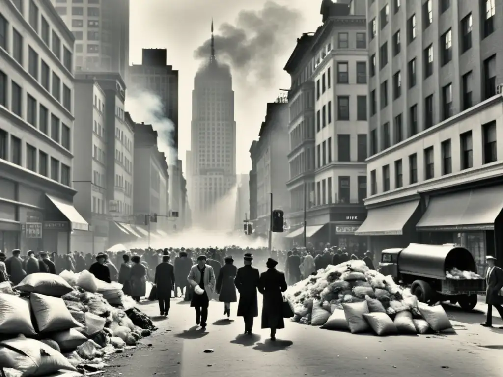 Imagen vintage de una bulliciosa calle urbana llena de gente, edificios altos y basura