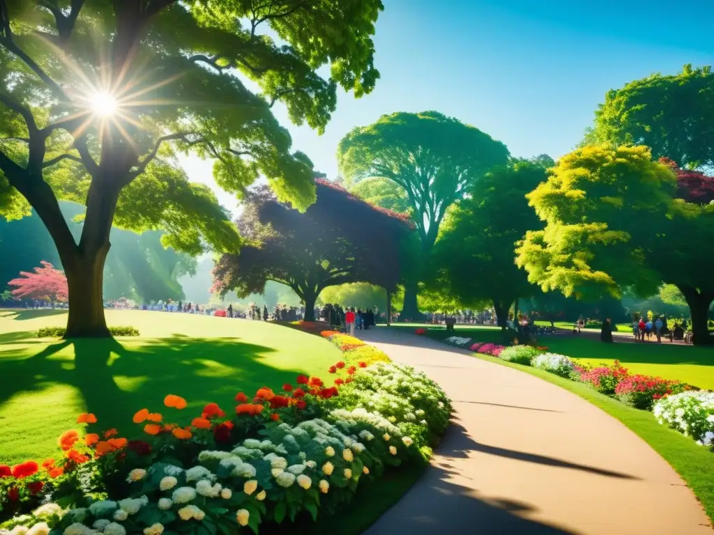 Una imagen vintage de un bullicioso parque urbano con exuberante vegetación, flores vibrantes y personas paseando