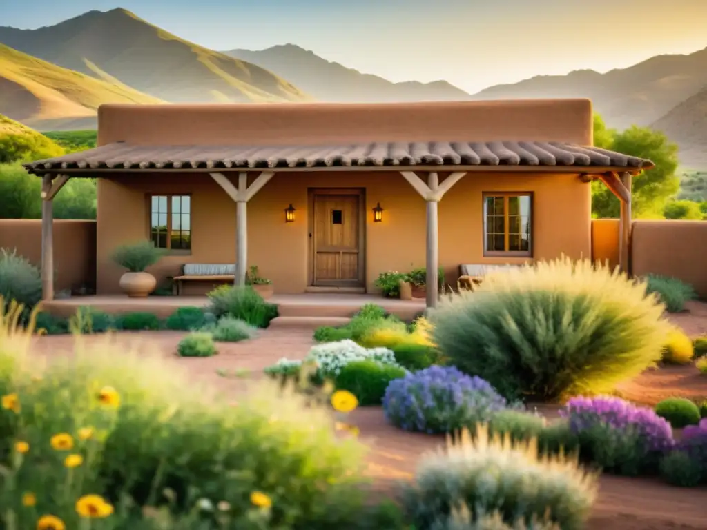 Imagen vintage de una casa de adobe en un paisaje verde, con flores silvestres