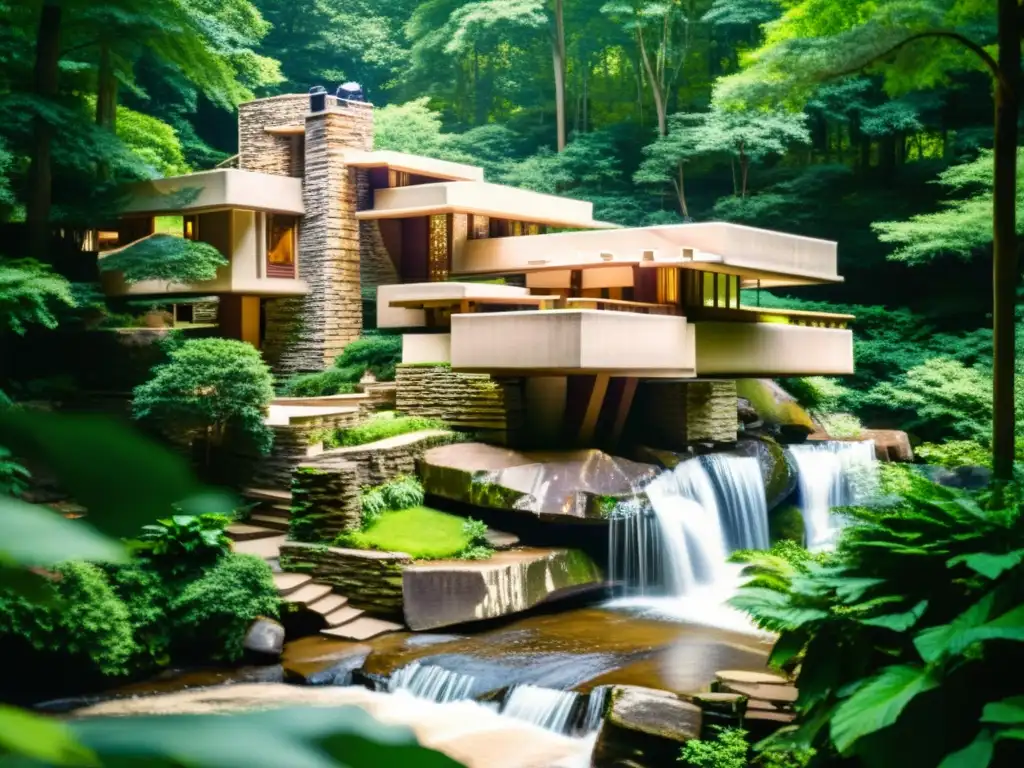 Imagen vintage de la casa Fallingwater de Frank Lloyd Wright, integrada en la naturaleza