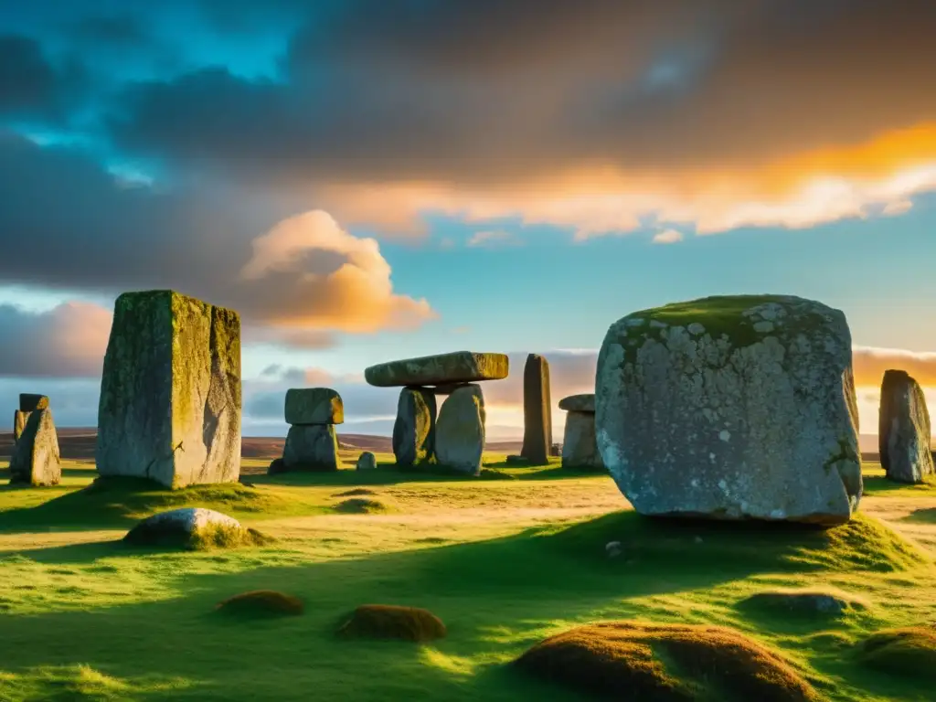 Imagen vintage de un círculo de piedras prehistóricas, destacando su misterioso ambiente y prácticas religiosas en arquitectura prehistórica