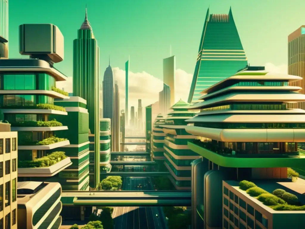 Imagen vintage 8k de ciudad futurista, con elementos arquitectónicos tradicionales y modernas estructuras inspiradas en inteligencia artificial