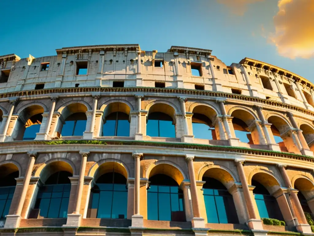 Imagen vintage del Coliseo Romano bañado por cálida luz dorada, evocando principios de construcción en arquitectura romana