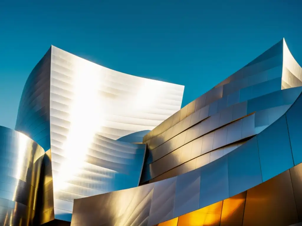 Imagen vintage del icónico diseño deconstructivista del Walt Disney Concert Hall en Los Ángeles, desafiando las nociones tradicionales de forma y espacio en la arquitectura contemporánea