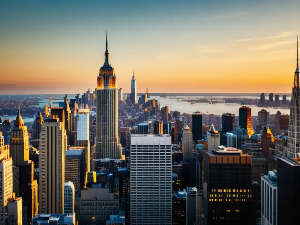 Imagen vintage del icónico Empire State Building, con detalles art decó y el cálido resplandor del atardecer en Nueva York