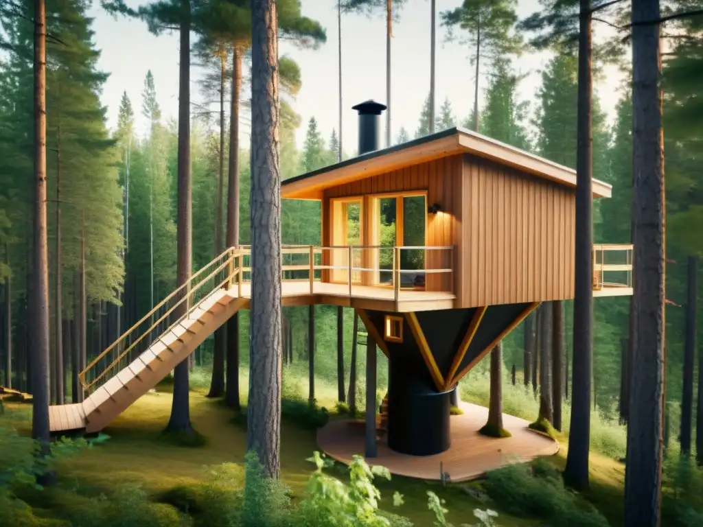 Imagen vintage del Treehotel en Suecia, muestra el diseño sostenible de las casas en los árboles integradas en el bosque exuberante