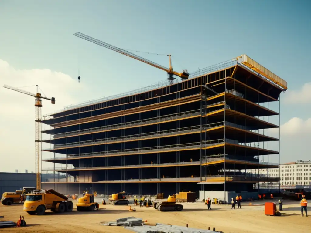 Imagen vintage de un edificio deconstructivista en construcción, destacando las técnicas pioneras de deconstructivismo y la atmósfera histórica