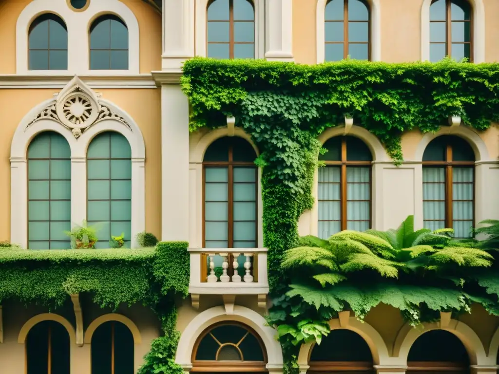 Imagen vintage de un edificio histórico con detalles arquitectónicos y exuberante vegetación, integrando prácticas ecológicas