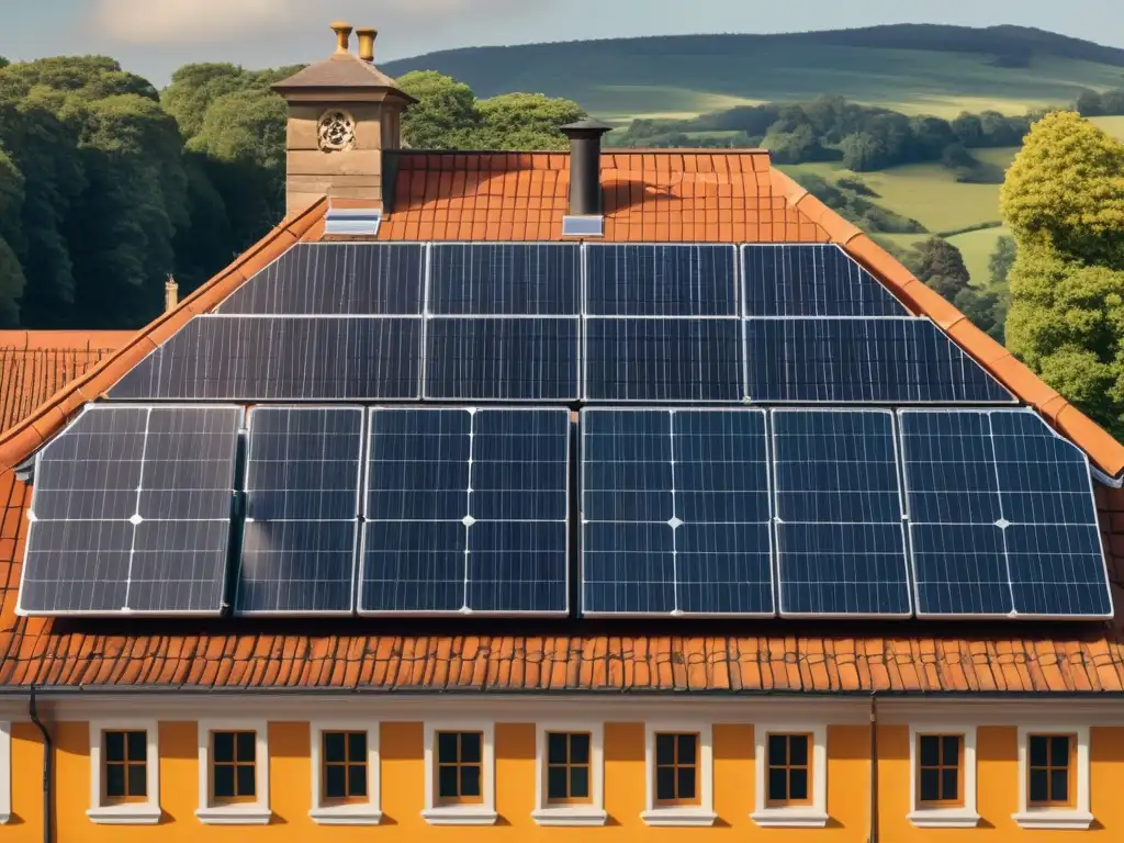 Imagen vintage de edificio histórico con paneles solares integrados, mostrando restauración sostenible en arquitectura histórica