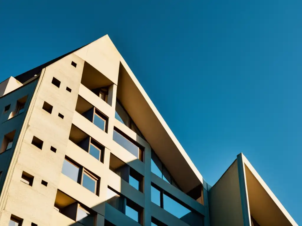 Imagen vintage de un edificio residencial deconstructivista con ángulos fragmentados y formas asimétricas, bajo la luz del sol