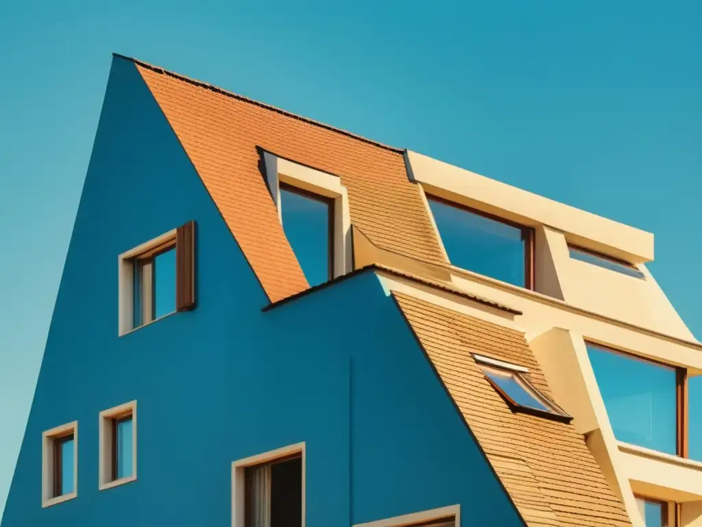 Imagen vintage de un edificio residencial deconstructivista con diseños angulares y asimétricos, destacándose bajo un cielo azul claro