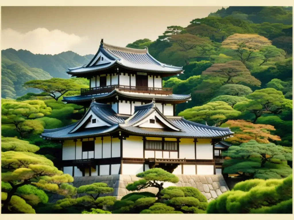 Imagen vintage del Castillo Himeji, resaltando su elegante diseño y la evolución de la arquitectura japonesa