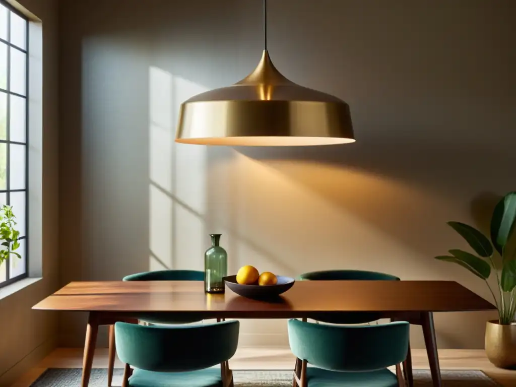 Una imagen vintage de una elegante lámpara colgante iluminando una mesa de comedor de mediados de siglo, creando un ambiente cálido y acogedor