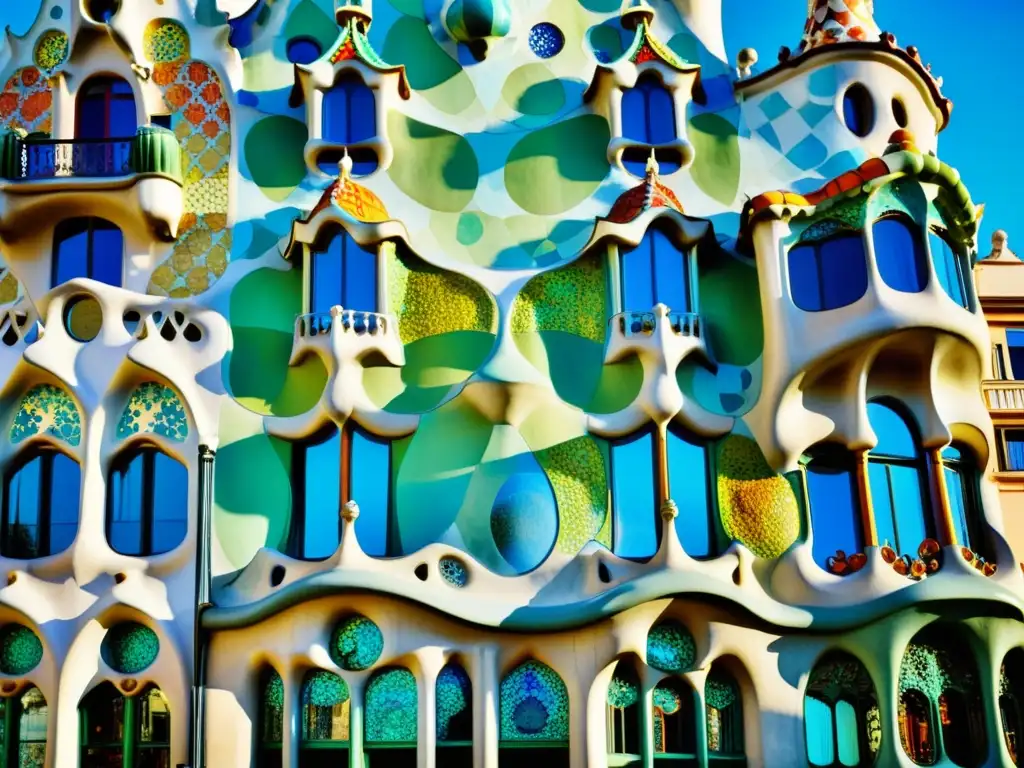 Imagen vintage de la icónica Casa Batlló en Barcelona, con su fachada de mosaicos y detalles arquitectónicos únicos diseñados por Gaudí