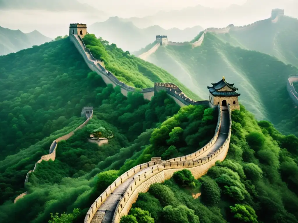 Imagen vintage de la Gran Muralla China, se funde con el paisaje montañoso, evocando historia y arquitectura