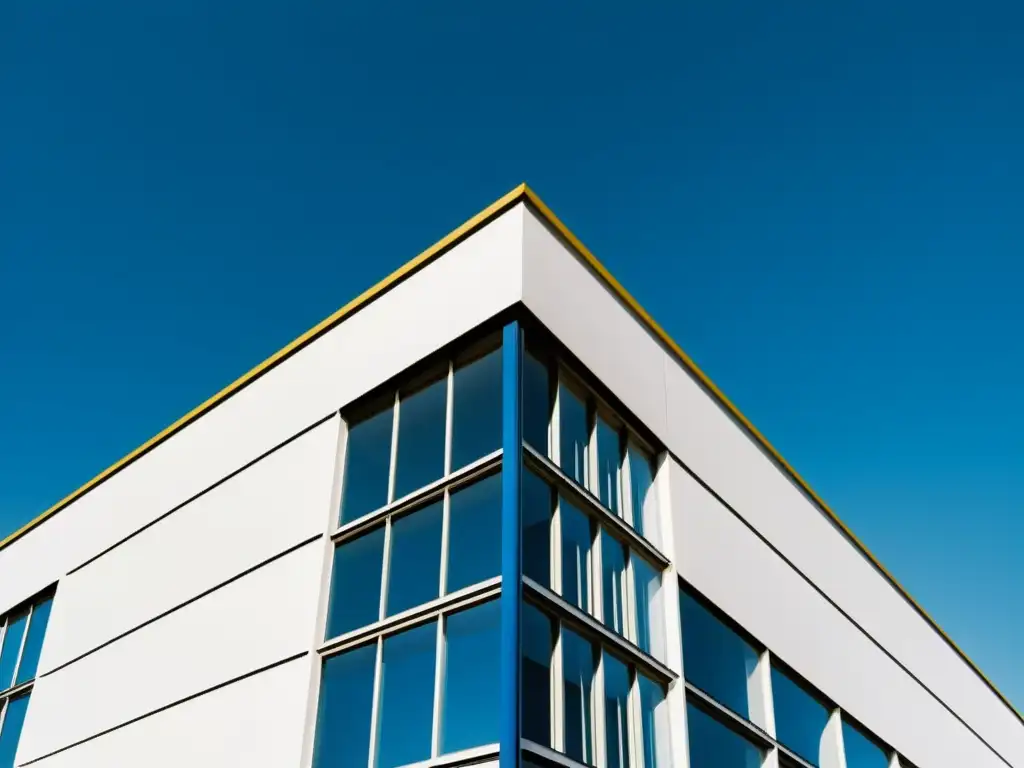 Imagen vintage del icónico edificio Bauhaus en Dessau, Alemania, destacando su diseño modernista y líneas limpias bajo un cielo azul