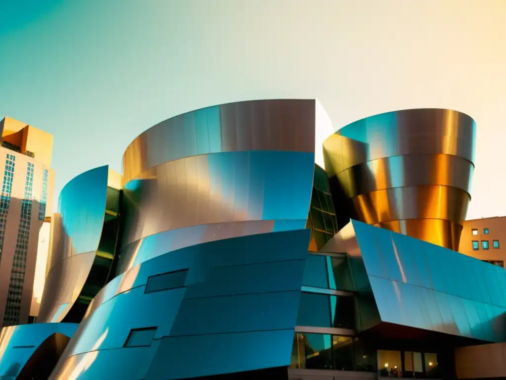 Imagen vintage del icónico Museo Guggenheim Bilbao de Frank Gehry, con su arquitectura deconstructivista y paneles de titanio reflejando la luz del sol, destacándose en el paisaje urbano, evocando el deconstructivismo en la arquitectura contemporánea