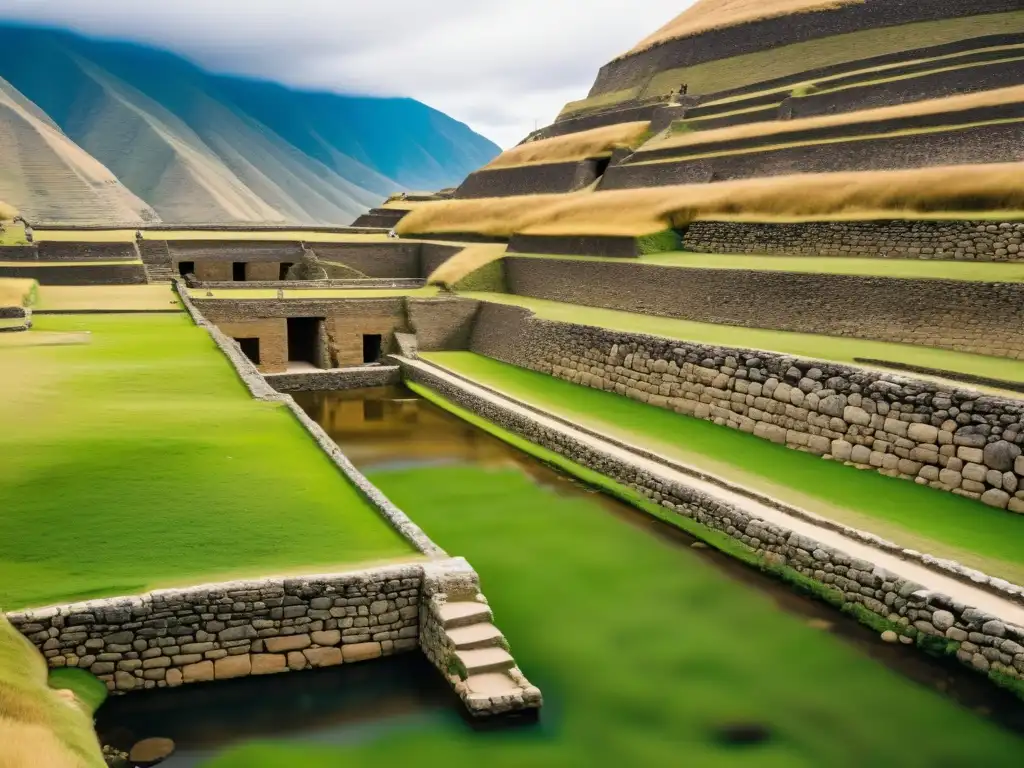 Imagen vintage de los impresionantes acueductos y canales de piedra de Chavín de Huántar en Perú, destacando la gestión del agua en arquitectura Chavín