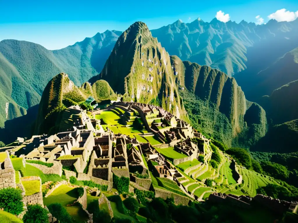 Una imagen vintage de las impresionantes ruinas de Machu Picchu en Perú, rodeada de exuberantes montañas verdes y un cielo azul