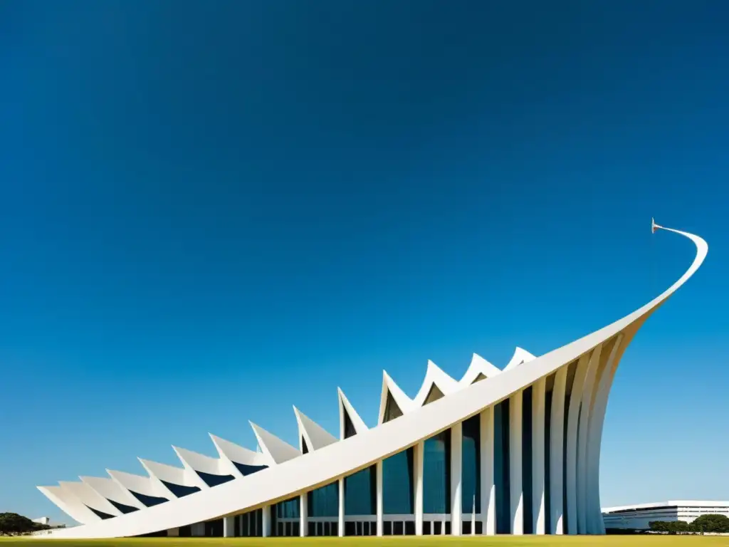 Imagen vintage de la majestuosa arquitectura moderna en Brasilia, con sus curvas y líneas futuristas destacando contra el cielo azul claro