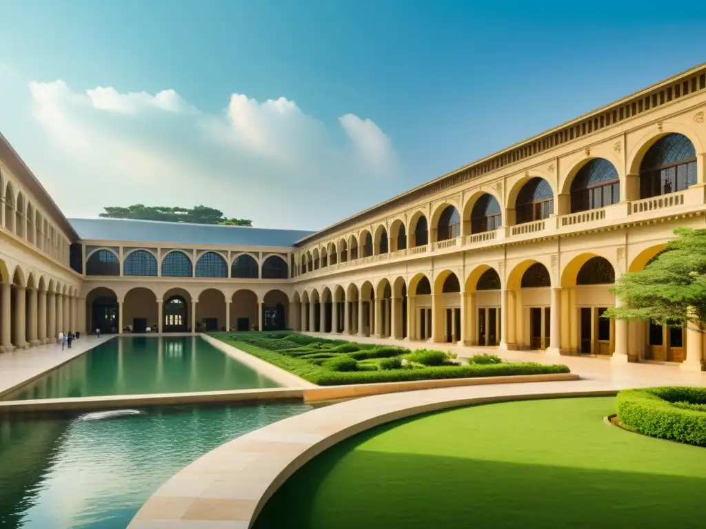 Imagen vintage de la majestuosa Biblioteca de Alexandria, con su arquitectura sostenible integrada en la exuberante naturaleza