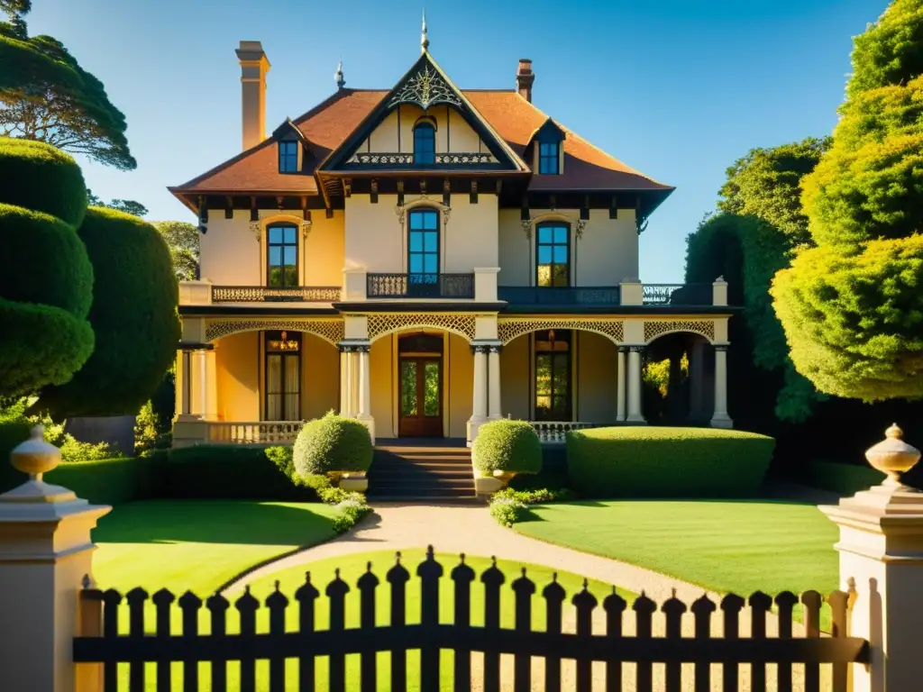 Imagen vintage de una majestuosa casa histórica rodeada de exuberantes jardines y una reja de hierro forjado, bañada por la cálida luz del sol