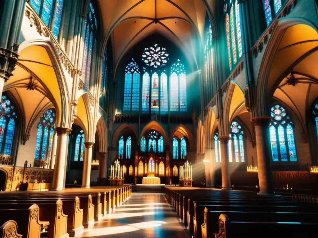 Imagen vintage de una majestuosa catedral gótica, con detalles arquitectónicos y vitrales que crean un cálido resplandor