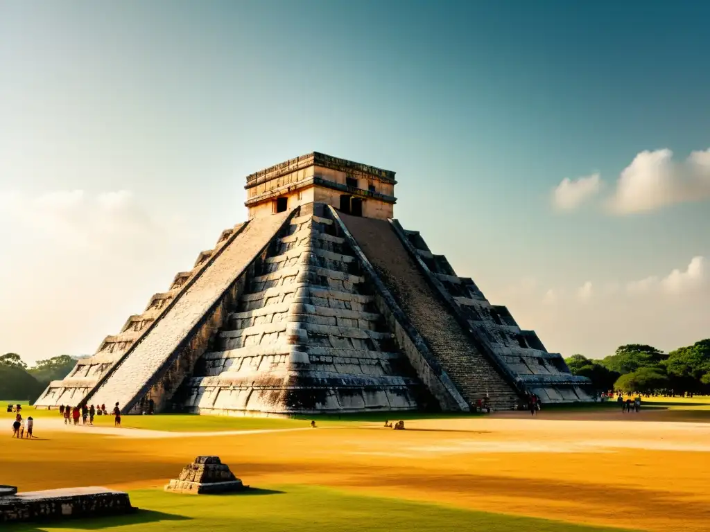 Imagen vintage de la majestuosa pirámide del Templo de Kukulcán en Chichén Itzá, destacando la arquitectura maya y azteca