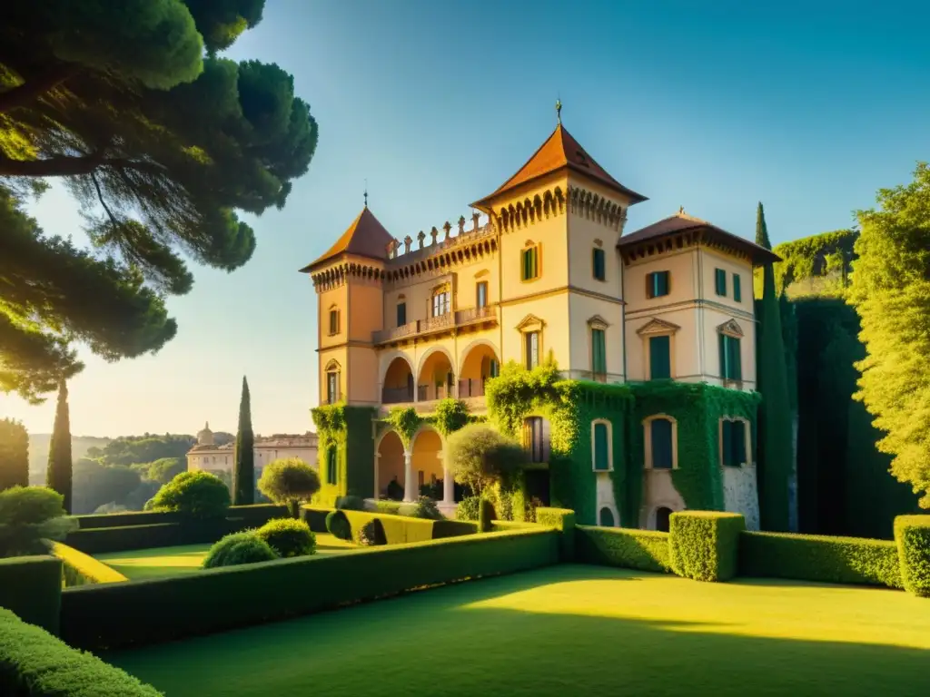 Imagen vintage del majestuoso Castello di Rivoli rodeado de exuberante vegetación, resaltando su grandiosidad y significado histórico