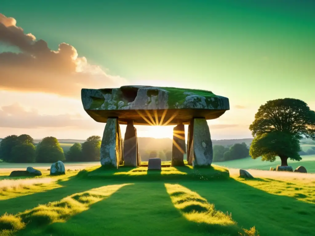 Imagen vintage de un majestuoso dolmen en un prado verde, con símbolos antiguos