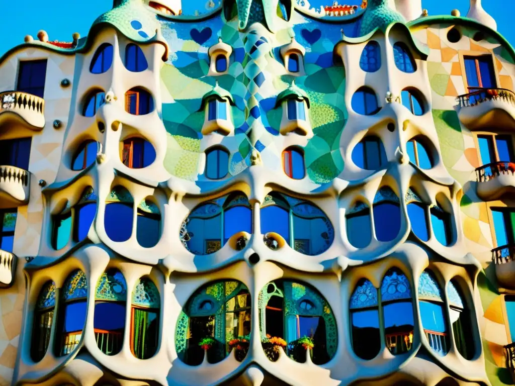 Imagen vintage de la icónica Casa Batlló en Barcelona, detalle de mosaicos y balcones