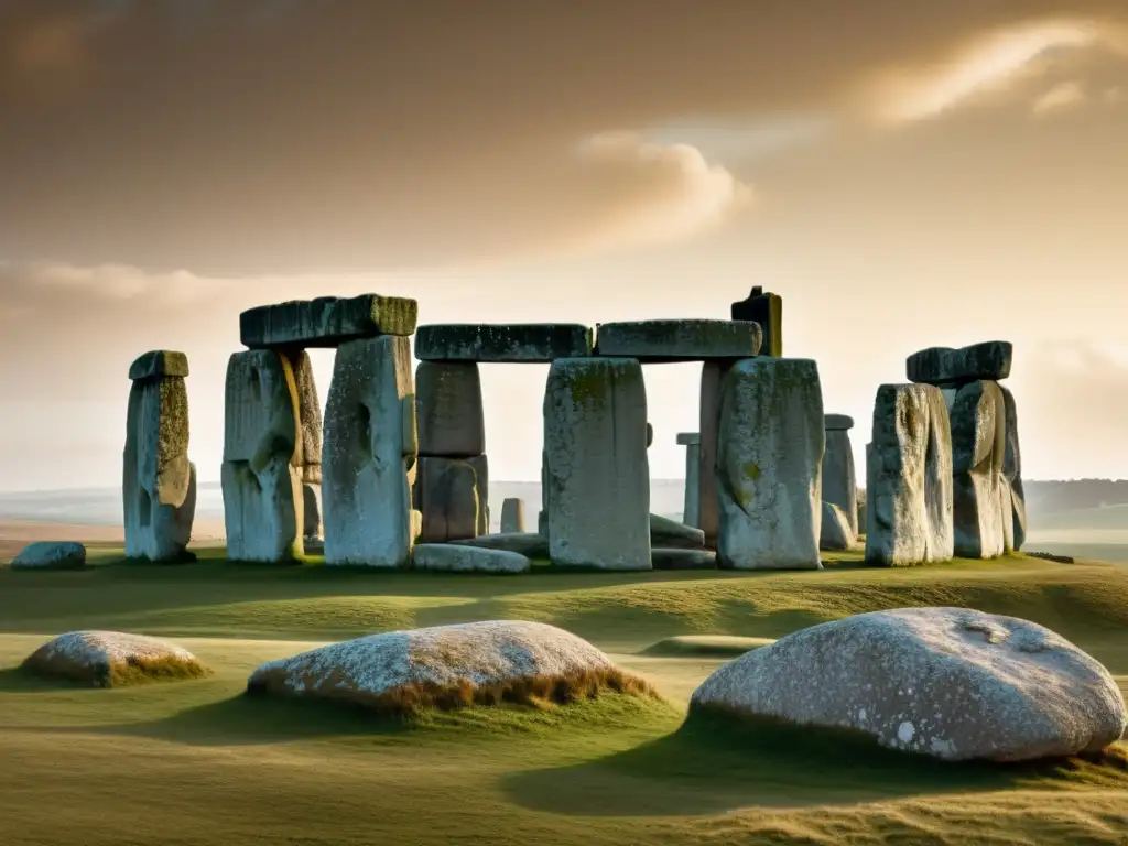 Imagen vintage en sepia de Stonehenge, destacando motivos arquitectónicos neolíticos