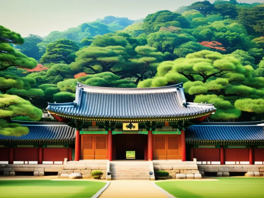 Imagen vintage del Palacio Changdeokgung, reflejando el legado arquitectónico de la Dinastía Joseon con exuberantes jardines y detalles ornamentales