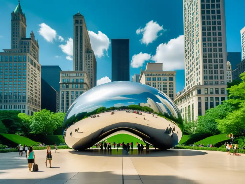 Imagen vintage del Parque Millennium: senderos serenos, escultura Cloud Gate de fondo, luz filtrándose entre los árboles