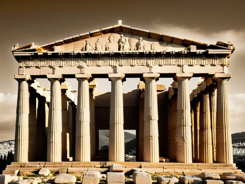 Imagen vintage del Partenón en Atenas, Grecia, resaltando sus detalles arquitectónicos