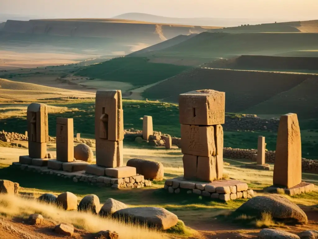 Imagen vintage de Gobekli Tepe en Turquía, con pilares de piedra tallados y paisaje circundante