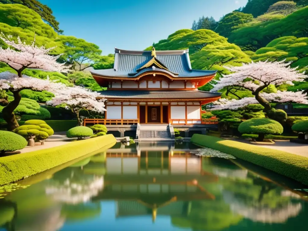 Imagen vintage de un templo japonés tradicional rodeado de vegetación exuberante y árboles de cerezo en flor