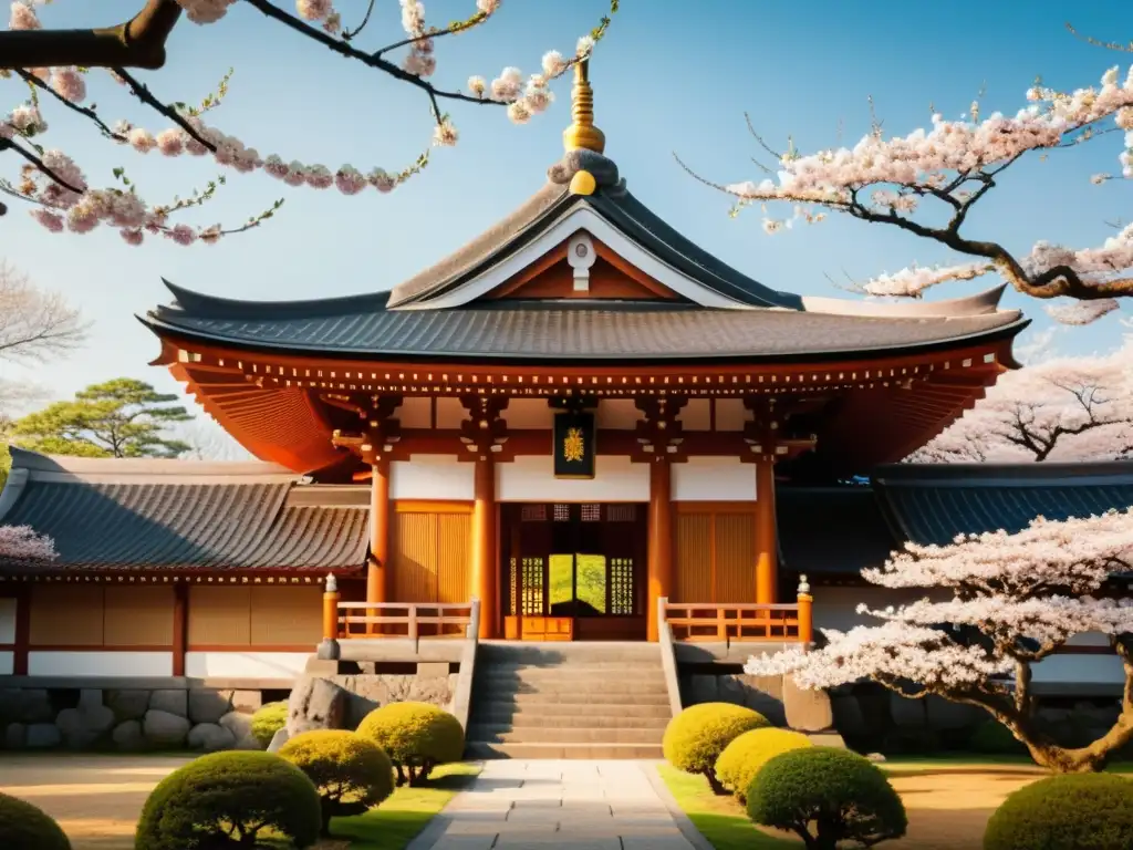 Imagen vintage de un templo japonés rodeado de cerezos en flor, resaltando la conservación y renovación de la arquitectura japonesa