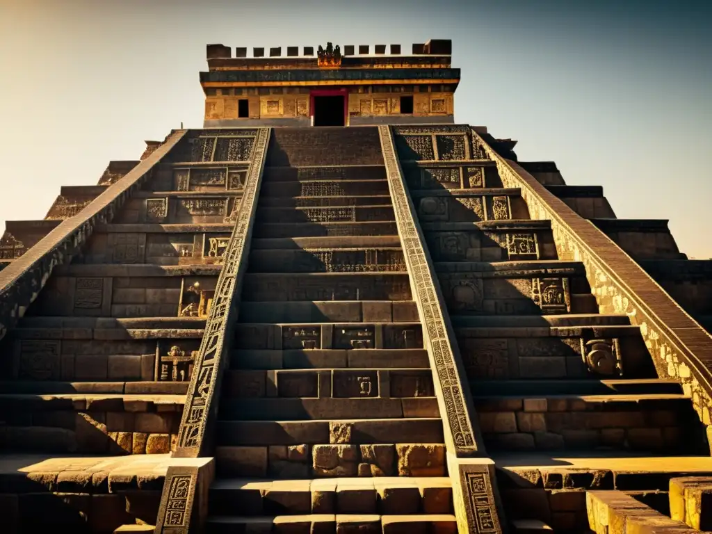 Imagen vintage del Templo Mayor en Tenochtitlan, resaltando el significado simbólico de los templos y pirámides aztecas