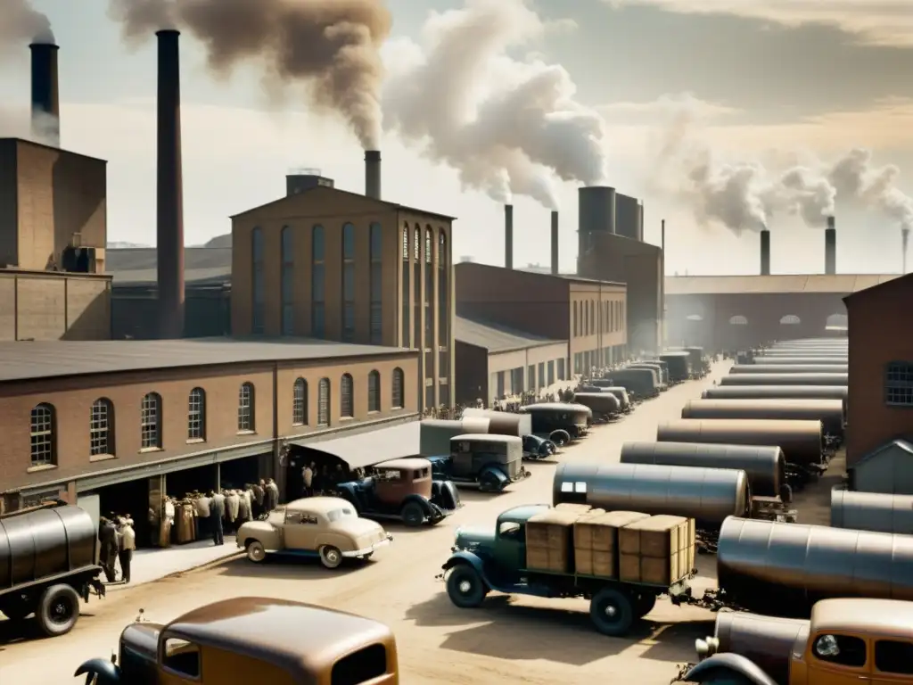 Imagen vintage de una zona industrial bulliciosa con almacenes antiguos, fábricas y trabajadores ocupados