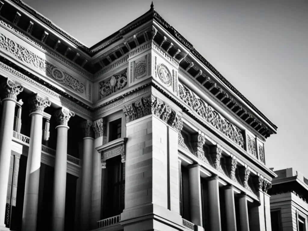 Una impactante fotografía en blanco y negro de un monumento arquitectónico histórico, mostrando su valor cultural y belleza atemporal