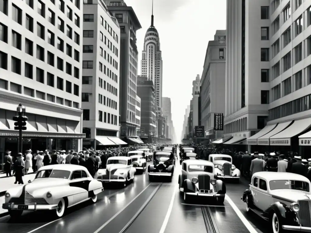 Una impactante fotografía en blanco y negro de rascacielos vintage que dominan el paisaje urbano, evocando la grandeza de la arquitectura urbana