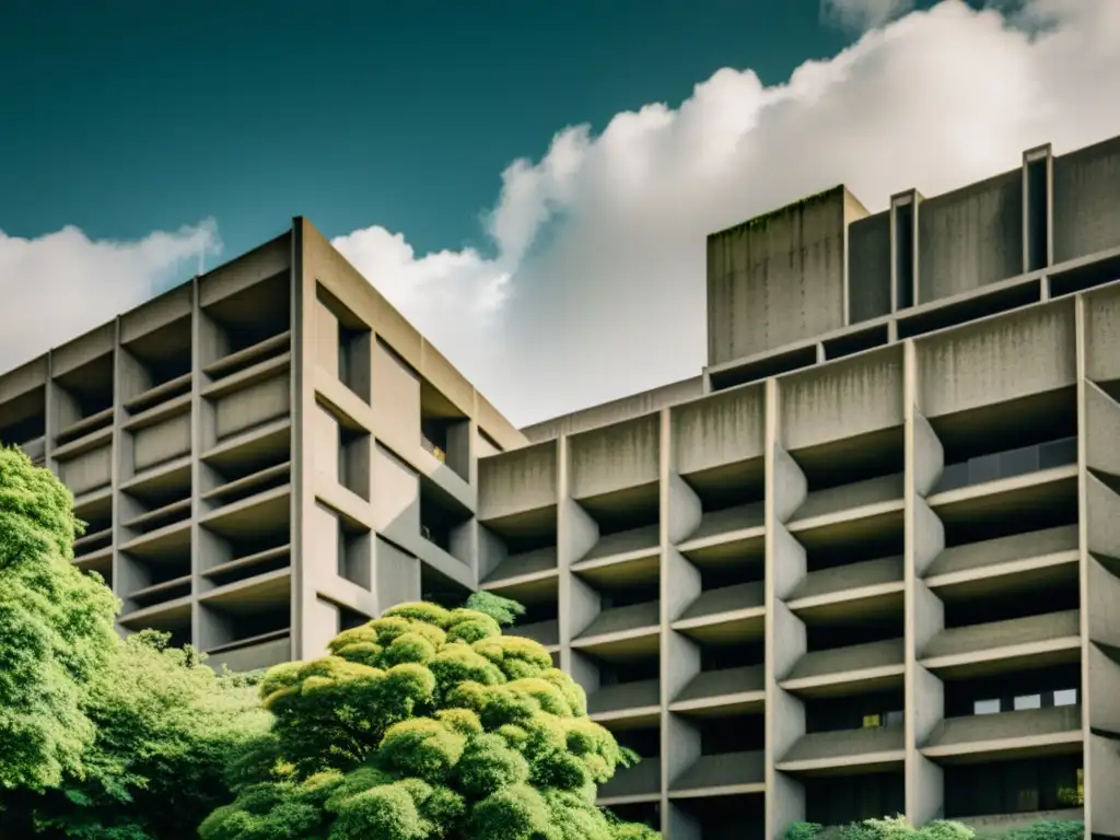 Imponente arquitectura brutalista del Barbican Centre en Londres, destacando su estética yuxtapuesta con el cielo dramático