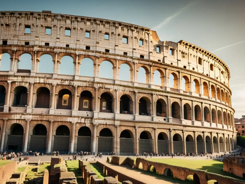 Imponente arquitectura del Coliseo Romano en tonos sepia, evocando la nostalgia de los teatros y anfiteatros antiguos