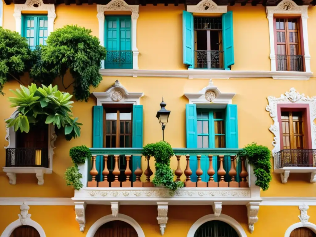 Imponente arquitectura colonial en América Latina: edificio colonial español con fachada ornamental y exuberante vegetación