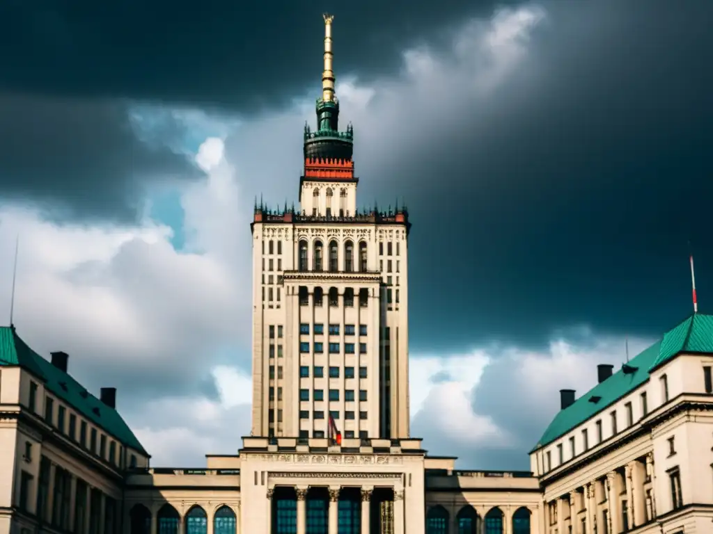 Palacio de Cultura y Ciencia: Imponente y Dramático Imponente arquitectura comunista en Europa del Este: el Palacio de Cultura y Ciencia de Varsovia destaca en el paisaje urbano bajo un cielo nublado