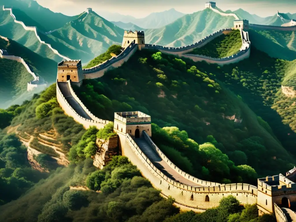 Imponente arquitectura militar antigua China: la Gran Muralla serpentea entre montañas, con torres antiguas en la distancia